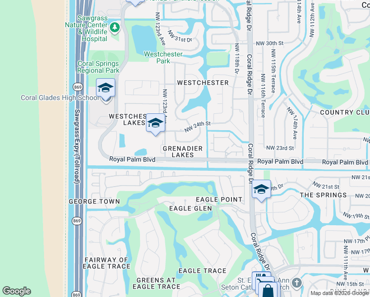 map of restaurants, bars, coffee shops, grocery stores, and more near 12122 Northwest 23rd Manor in Coral Springs
