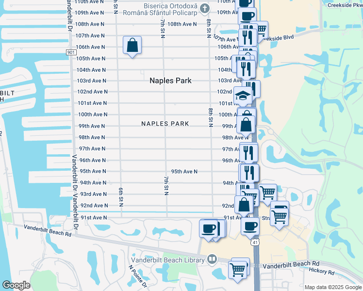 map of restaurants, bars, coffee shops, grocery stores, and more near 718 98th Avenue North in Naples