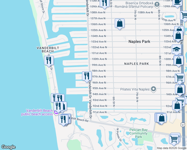 map of restaurants, bars, coffee shops, grocery stores, and more near 530 98th Avenue North in Naples
