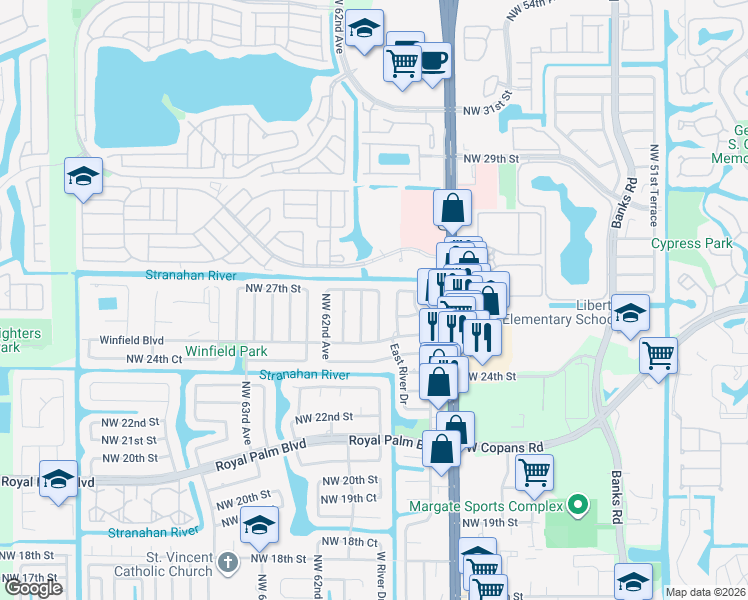 map of restaurants, bars, coffee shops, grocery stores, and more near 2673 Northwest 59th Avenue in Margate