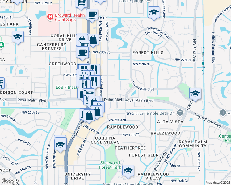 map of restaurants, bars, coffee shops, grocery stores, and more near 9064 Northwest 23rd Place in Coral Springs