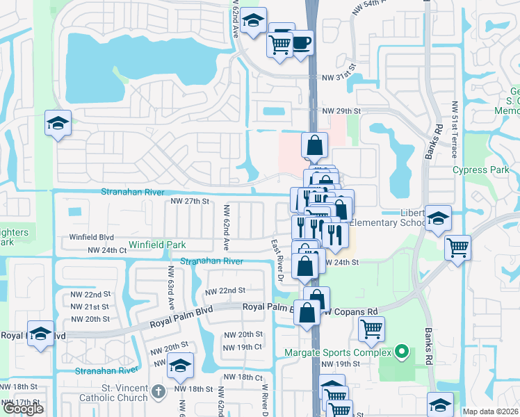 map of restaurants, bars, coffee shops, grocery stores, and more near 2673 Northwest 59th Avenue in Margate