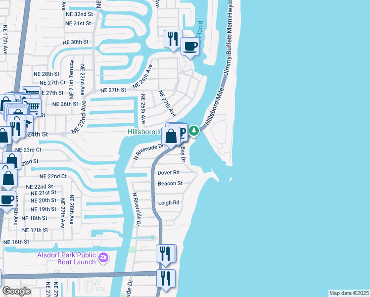 map of restaurants, bars, coffee shops, grocery stores, and more near 2608 North Ocean Boulevard in Pompano Beach