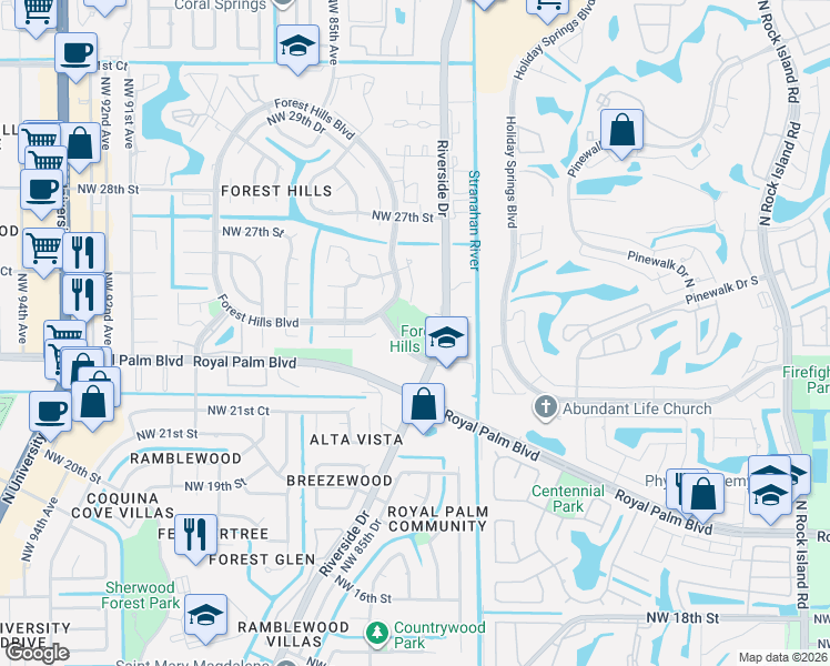 map of restaurants, bars, coffee shops, grocery stores, and more near 2500 Forest Hills Boulevard in Pompano Beach