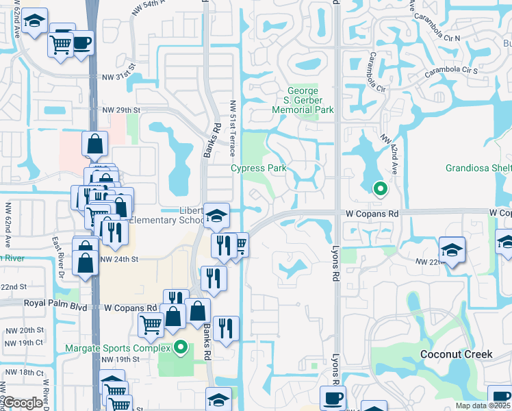 map of restaurants, bars, coffee shops, grocery stores, and more near 2479 Northwest 49th Terrace in Coconut Creek