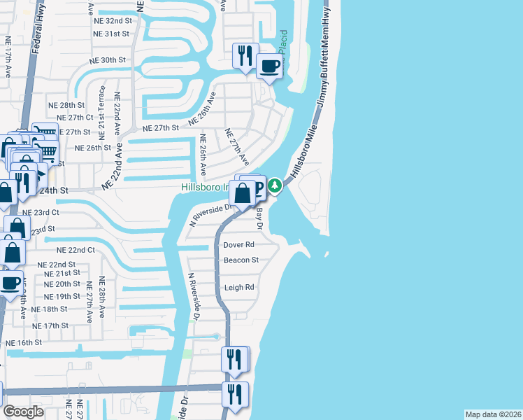 map of restaurants, bars, coffee shops, grocery stores, and more near 2608 North Ocean Boulevard in Pompano Beach