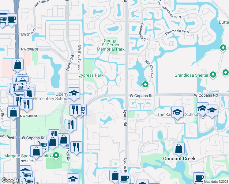 map of restaurants, bars, coffee shops, grocery stores, and more near 2473 Fiddleleaf Avenue in Coconut Creek