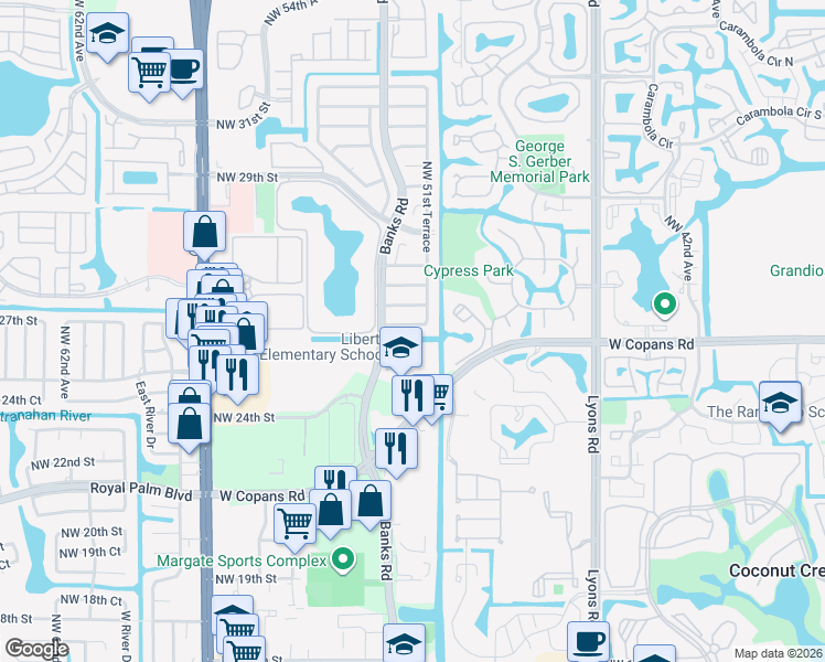 map of restaurants, bars, coffee shops, grocery stores, and more near 5111 Northwest 26th Court in Margate