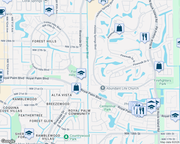 map of restaurants, bars, coffee shops, grocery stores, and more near 3040 Holiday Springs Boulevard in Margate