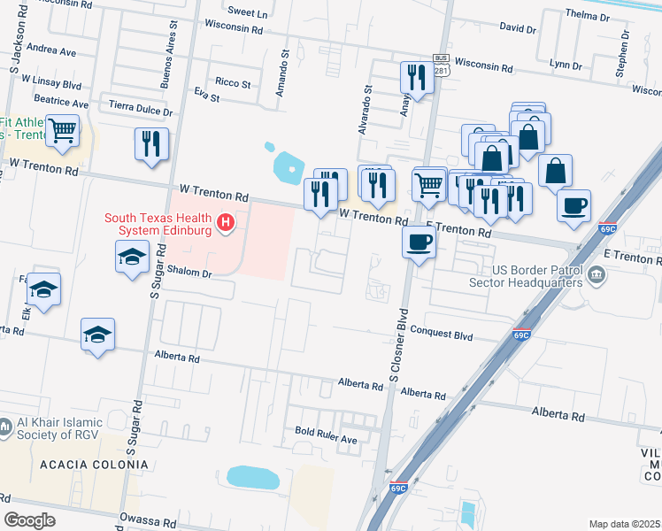 map of restaurants, bars, coffee shops, grocery stores, and more near 4590 Professional Drive in Edinburg