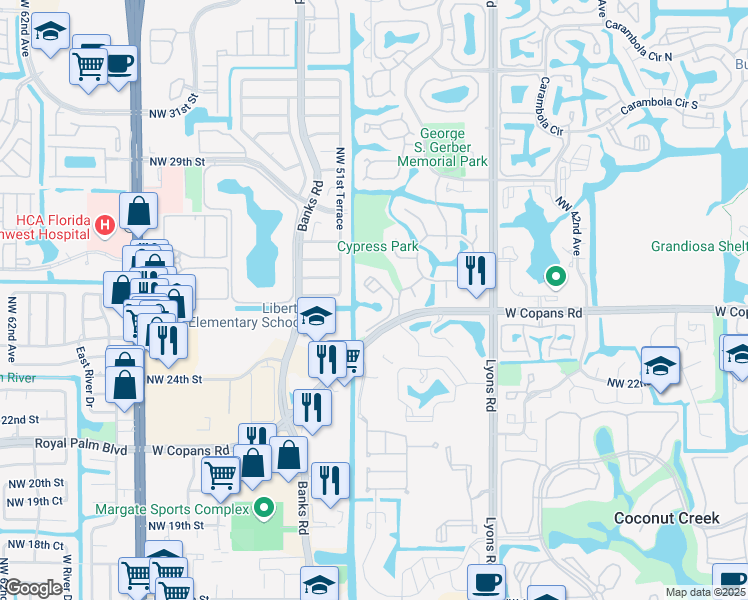 map of restaurants, bars, coffee shops, grocery stores, and more near 2479 Northwest 49th Terrace in Coconut Creek