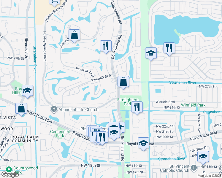 map of restaurants, bars, coffee shops, grocery stores, and more near 2701 Rock Island Road in Margate