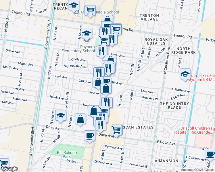map of restaurants, bars, coffee shops, grocery stores, and more near 6400 North 10th Street in McAllen