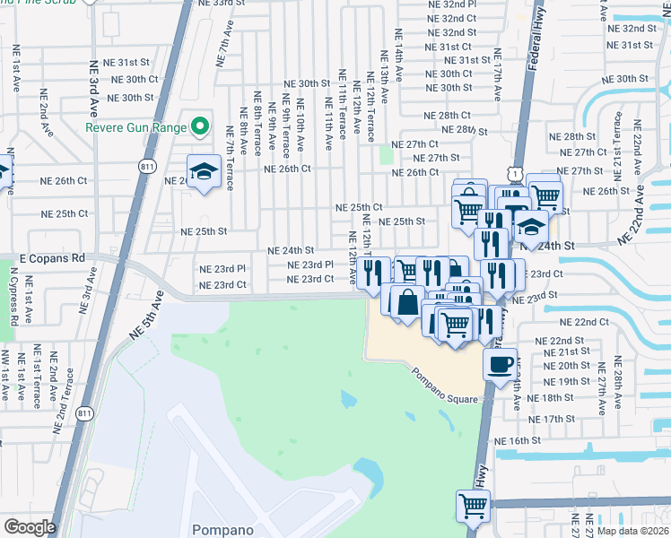 map of restaurants, bars, coffee shops, grocery stores, and more near 1131 Northeast 23rd Place in Pompano Beach