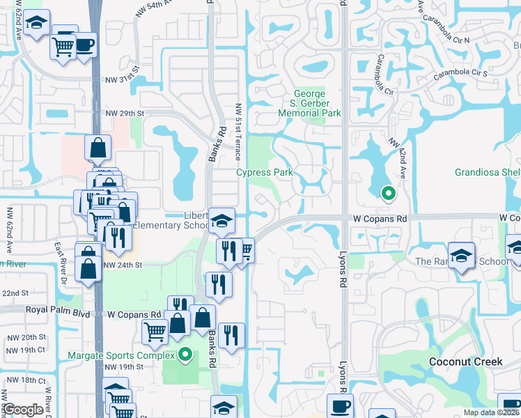 map of restaurants, bars, coffee shops, grocery stores, and more near 2479 Northwest 49th Terrace in Coconut Creek