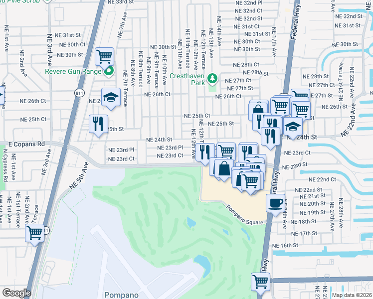 map of restaurants, bars, coffee shops, grocery stores, and more near 1131 Northeast 23rd Place in Pompano Beach