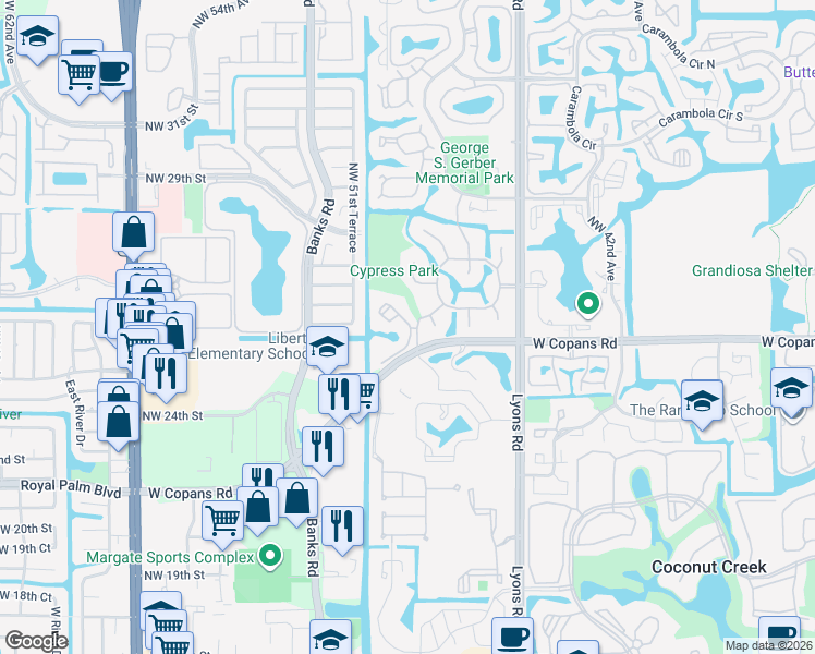 map of restaurants, bars, coffee shops, grocery stores, and more near 2479 Northwest 49th Terrace in Coconut Creek