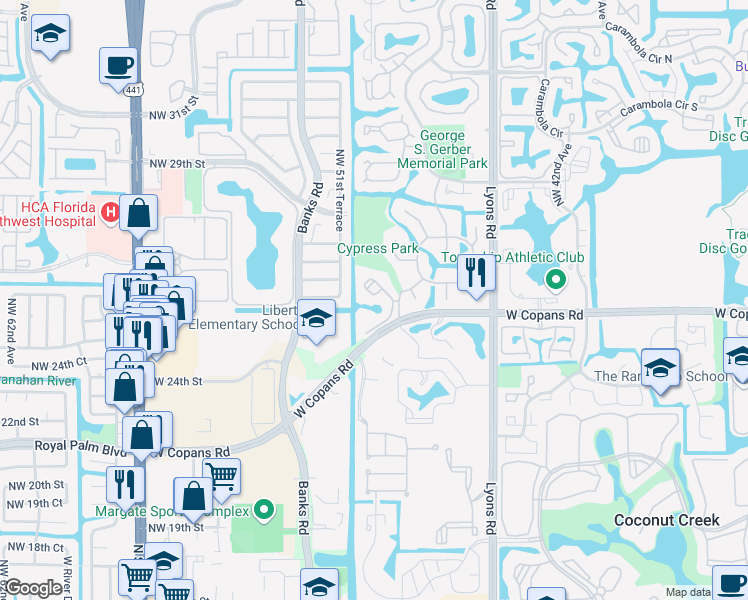 map of restaurants, bars, coffee shops, grocery stores, and more near 2479 Northwest 49th Terrace in Coconut Creek