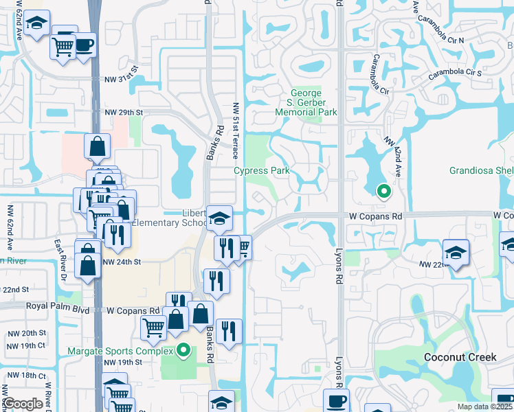 map of restaurants, bars, coffee shops, grocery stores, and more near 2479 Northwest 49th Terrace in Coconut Creek
