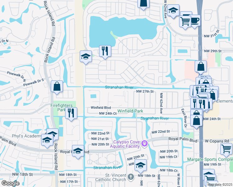map of restaurants, bars, coffee shops, grocery stores, and more near 6503 Winfield Boulevard in Margate