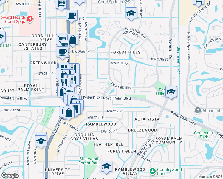 map of restaurants, bars, coffee shops, grocery stores, and more near 2423 Northwest 89th Drive in Coral Springs