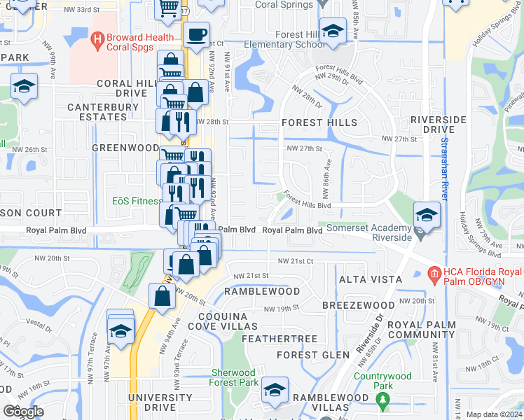 map of restaurants, bars, coffee shops, grocery stores, and more near 2420 Northwest 89th Drive in Coral Springs