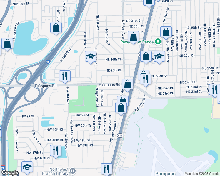 map of restaurants, bars, coffee shops, grocery stores, and more near 151 Northeast 23rd Court in Pompano Beach