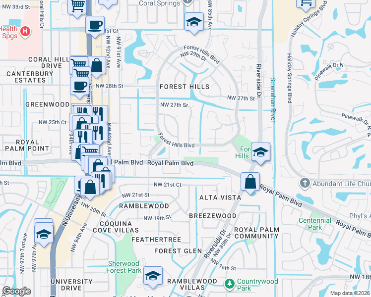map of restaurants, bars, coffee shops, grocery stores, and more near 2405 Forest Hills Boulevard in Coral Springs