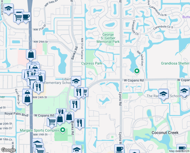 map of restaurants, bars, coffee shops, grocery stores, and more near 2479 Northwest 49th Terrace in Coconut Creek