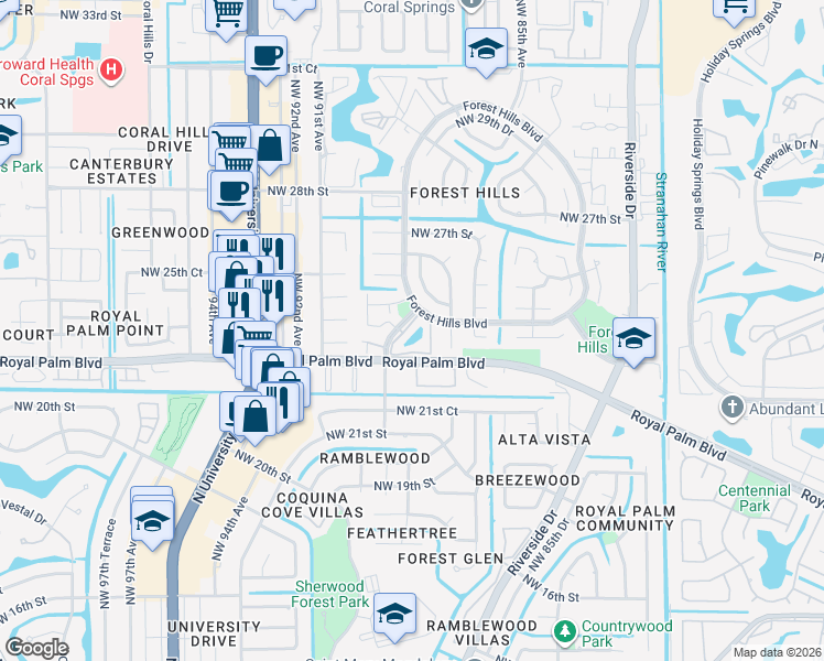 map of restaurants, bars, coffee shops, grocery stores, and more near 2423 Northwest 89th Drive in Coral Springs