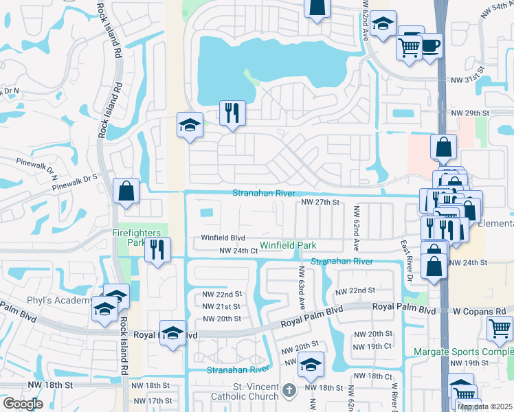 map of restaurants, bars, coffee shops, grocery stores, and more near 6503 Winfield Boulevard in Margate