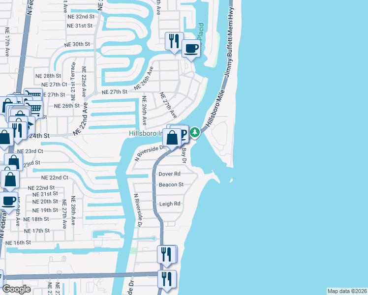 map of restaurants, bars, coffee shops, grocery stores, and more near 2608 North Ocean Boulevard in Pompano Beach