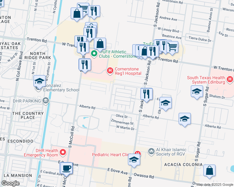 map of restaurants, bars, coffee shops, grocery stores, and more near 2511 Churchill Avenue in Edinburg
