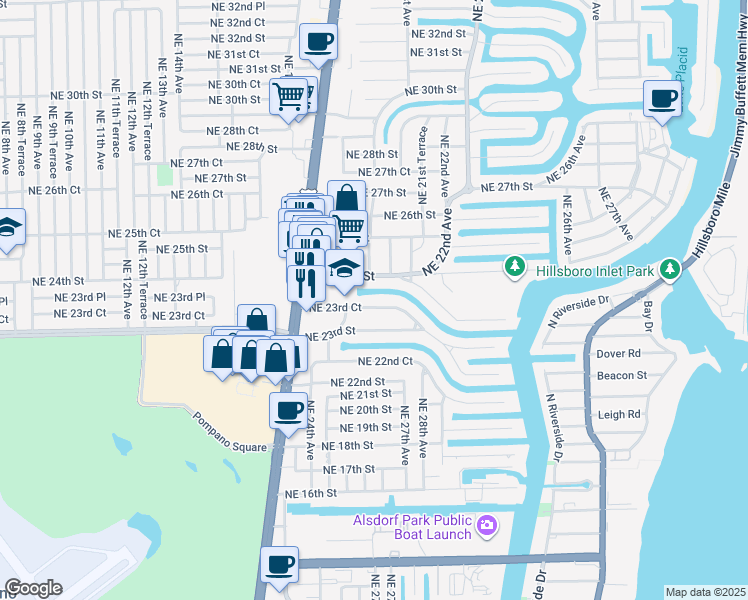 map of restaurants, bars, coffee shops, grocery stores, and more near 23 Kathy Court in Pompano Beach