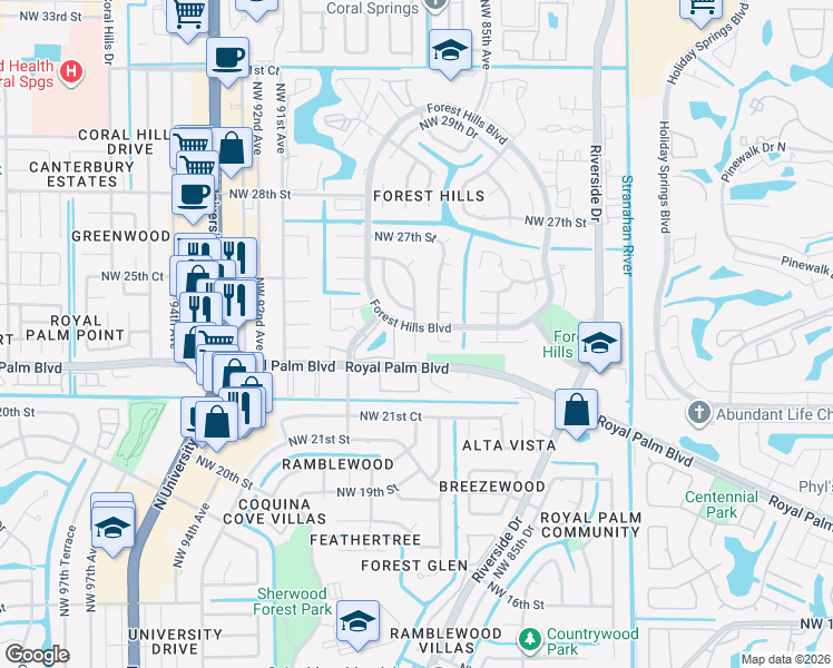 map of restaurants, bars, coffee shops, grocery stores, and more near 2405 Forest Hills Boulevard in Coral Springs