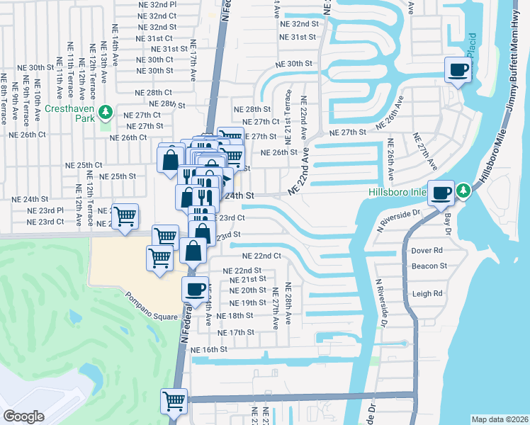 map of restaurants, bars, coffee shops, grocery stores, and more near 2701 Northeast 23rd Court in Pompano Beach