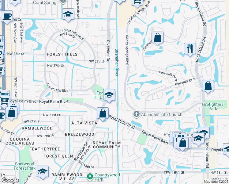 map of restaurants, bars, coffee shops, grocery stores, and more near 2401 Riverside Drive in Coral Springs