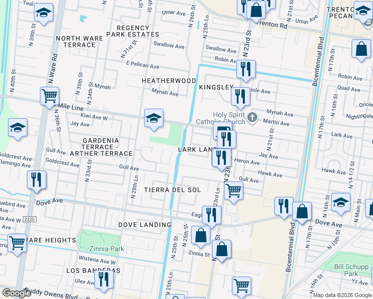 map of restaurants, bars, coffee shops, grocery stores, and more near 2513 Jay Avenue in McAllen