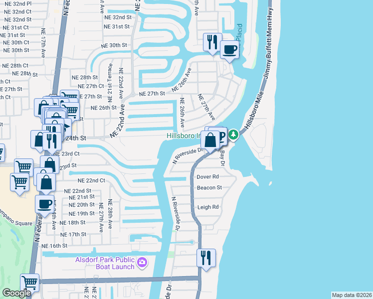 map of restaurants, bars, coffee shops, grocery stores, and more near 2605 North Riverside Drive in Pompano Beach