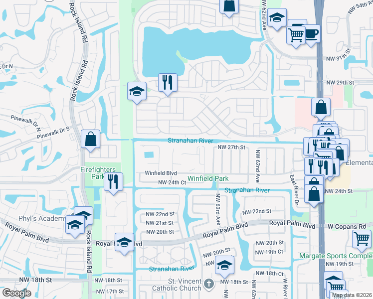 map of restaurants, bars, coffee shops, grocery stores, and more near 6507 Winfield Boulevard in Margate