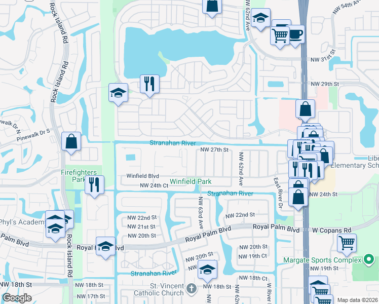 map of restaurants, bars, coffee shops, grocery stores, and more near 2701-2711 Northwest 64th Avenue in Margate
