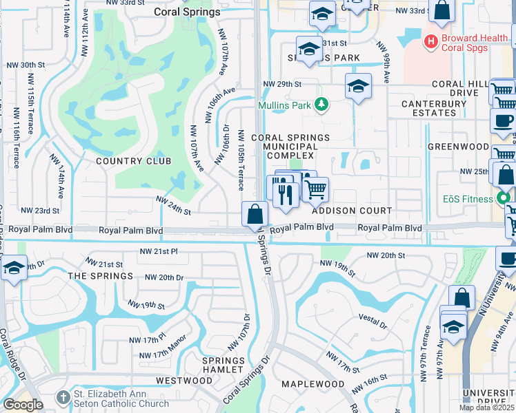 map of restaurants, bars, coffee shops, grocery stores, and more near 2390 Coral Springs Drive in Coral Springs