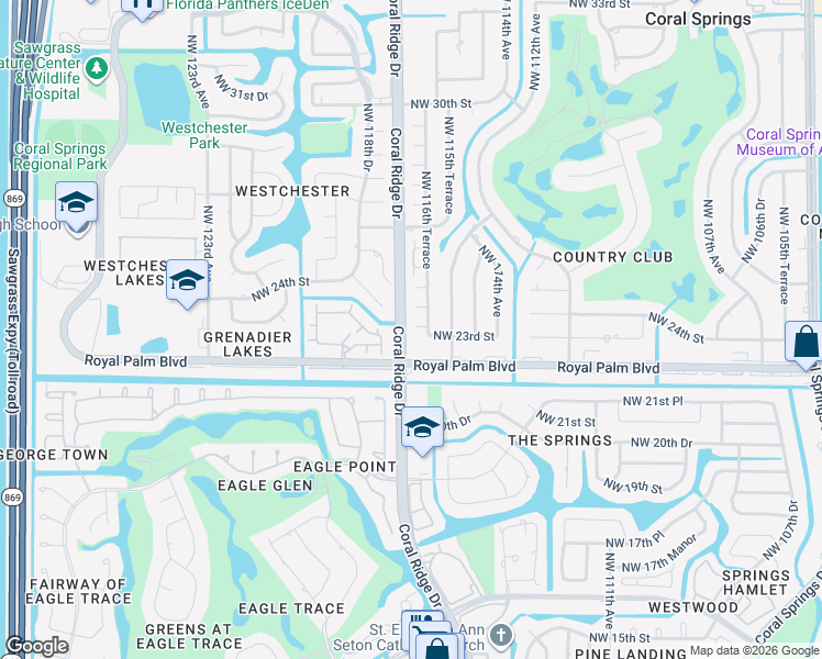map of restaurants, bars, coffee shops, grocery stores, and more near 11617 Northwest 23rd Court in Coral Springs