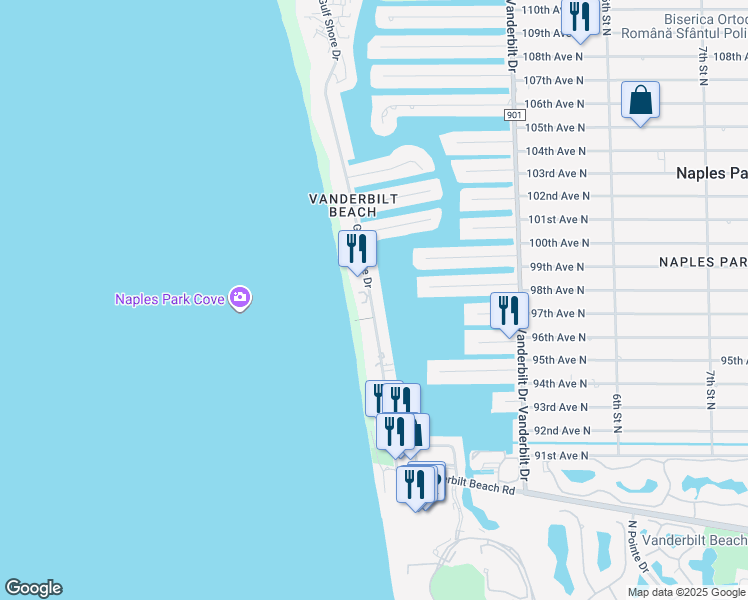 map of restaurants, bars, coffee shops, grocery stores, and more near 9790 Gulf Shore Drive in Naples