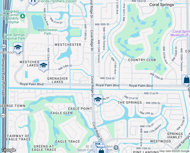 map of restaurants, bars, coffee shops, grocery stores, and more near 11617 Northwest 23rd Court in Coral Springs