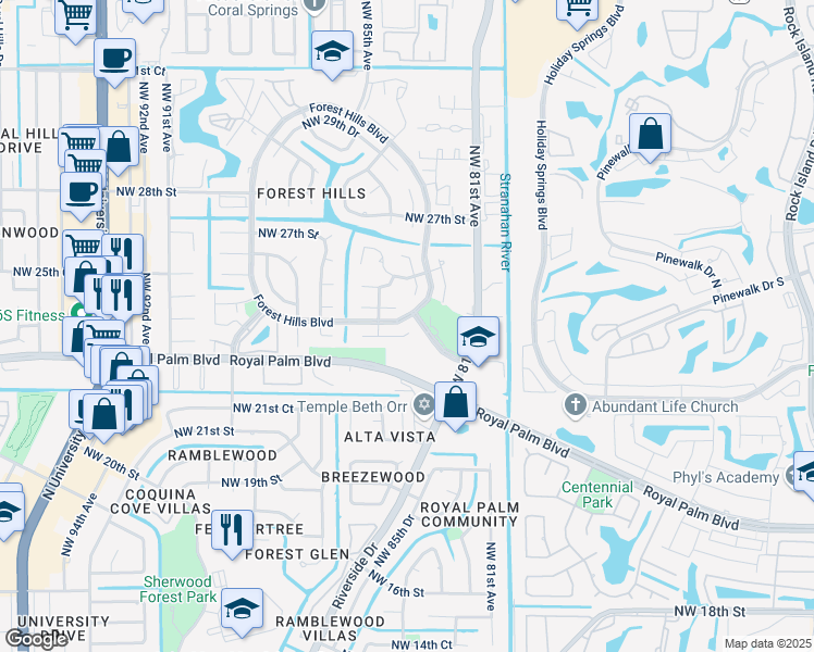 map of restaurants, bars, coffee shops, grocery stores, and more near 8417 Northwest 23rd Manor in Coral Springs