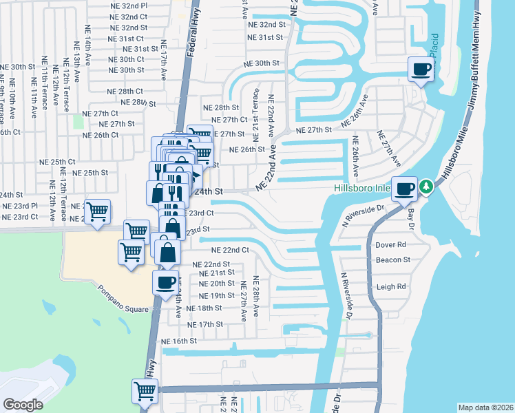 map of restaurants, bars, coffee shops, grocery stores, and more near 2750 Northeast 23rd Place in Pompano Beach