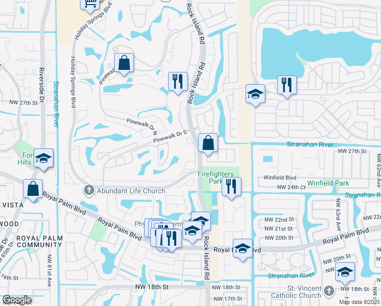 map of restaurants, bars, coffee shops, grocery stores, and more near 2701 North Rock Island Road in Margate