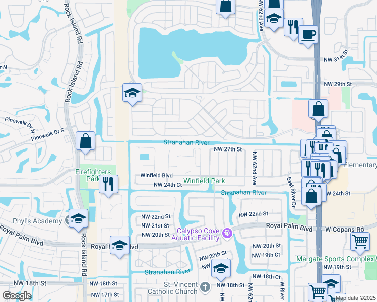 map of restaurants, bars, coffee shops, grocery stores, and more near 6503 Winfield Boulevard in Margate