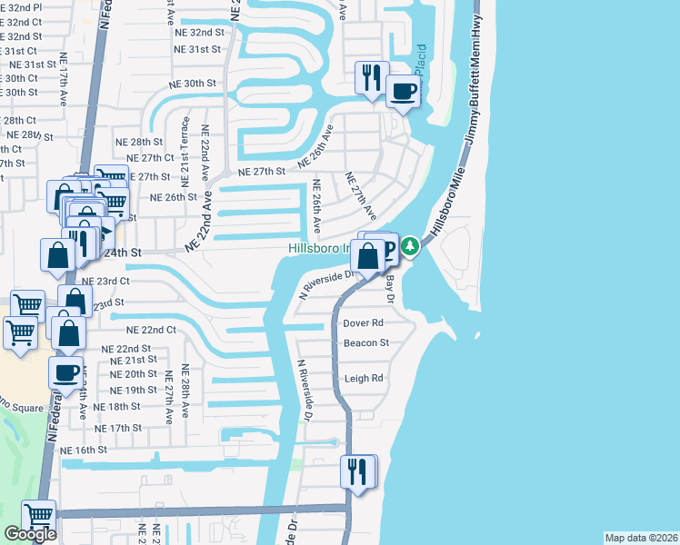map of restaurants, bars, coffee shops, grocery stores, and more near 2621 North Riverside Drive in Pompano Beach